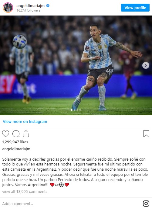 Di María: "Fue mi último partido con esta camiseta en la Argentina" 2 Captura de pantalla 2022 03 27 091133