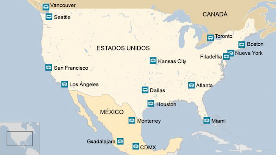 Mapa de Estados Unidos estadios mundial 2026 mapa