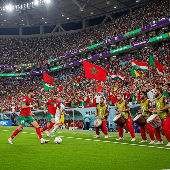 Jugadores de Marruecos en el Mundial de Qatar 2022 con hinchas alentando con banderas y tambores